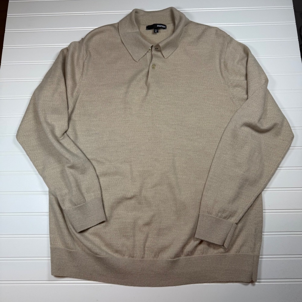 Murano Mens XL Tan Beige 100% Merino Wool Long Sleeve Polo Sweater Knit Pullover